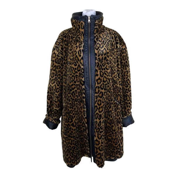 Lillie Rubin L/XL Vtg 90s Reversible Jacket Leather and Faux-fur Animal Print - Picture 1 of 16